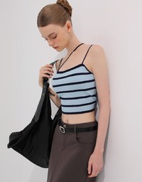Striped Ribbed Knit Spaghetti Strap Halter Padded Crop Top
