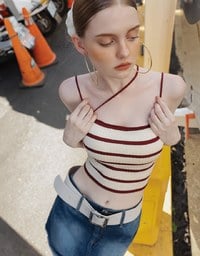 Striped Ribbed Knit Spaghetti Strap Halter Padded Crop Top