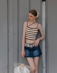 Striped Ribbed Knit Spaghetti Strap Halter Padded Crop Top
