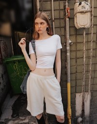 Uネック背中開きショート丈半袖ブラトップ