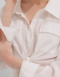 Tie Front Collared Shirt Blouse with Pockets