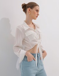 Tie Front Collared Shirt Blouse with Pockets