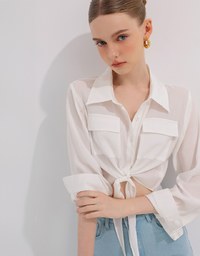 Tie Front Collared Shirt Blouse with Pockets