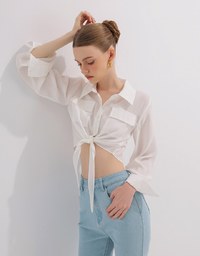 Tie Front Collared Shirt Blouse with Pockets