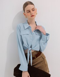 Tie Front Collared Shirt Blouse with Pockets