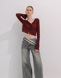 V Neck Fitted Crop Knit Cardigan Top