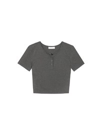クルーネックボタンショートスリーブクロップドTシャツ