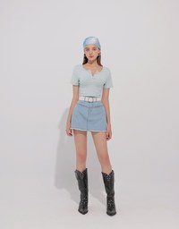 クルーネックボタンショートスリーブクロップドTシャツ