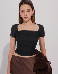 Mesh Panel Ruched Square Neck Ribbed Knit Crop Top