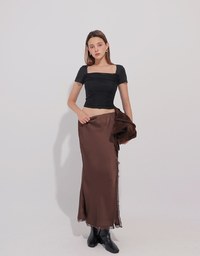 Mesh Panel Ruched Square Neck Ribbed Knit Crop Top
