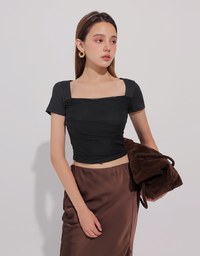 Mesh Panel Ruched Square Neck Ribbed Knit Crop Top