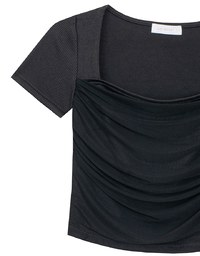 Mesh Panel Ruched Square Neck Ribbed Knit Crop Top
