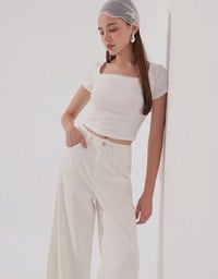 Mesh Panel Ruched Square Neck Ribbed Knit Crop Top