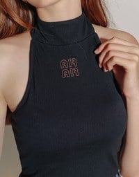 2 Way High Neck Sleeveless Crop Bra Top with AIR SPACE Logo Embroidery