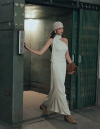Asymmetrical One Shoulder Padded Bra Top with Draped Scarf Detail