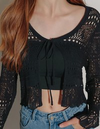 Crochet Open Knit Textured Long Sleeve Crop Cardigan