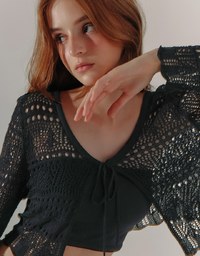 Crochet Open Knit Textured Long Sleeve Crop Cardigan