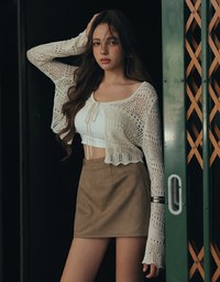Crochet Open Knit Textured Long Sleeve Crop Cardigan