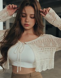 Crochet Open Knit Textured Long Sleeve Crop Cardigan