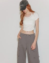 Faux 2 Piece Layered Halter Tie Crop Top with Ruched Sides