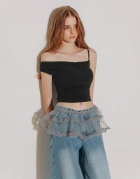 Asymmetrical One Shoulder Ruched Crop Bra Top with Spaghetti Strap