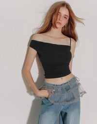 Asymmetrical One Shoulder Ruched Crop Bra Top with Spaghetti Strap