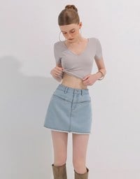 Metal Studded Distressed Hem Jeans Denim Mini Skirt