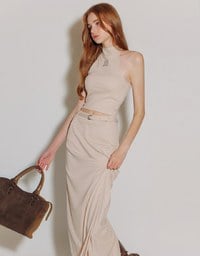 AIR SPACE Logo Embroidered Belted Straight Maxi Skirt