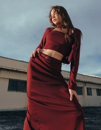 AIR SPACE Logo Embroidered Belted Straight Maxi Skirt