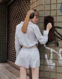 ブランドロゴ刺繍ストライプドロストショートパンツ