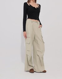 Drawstring Waist Wide Leg Cargo Pants with Pockets
