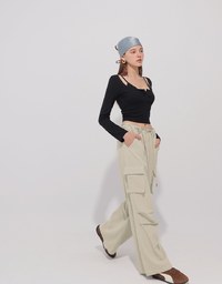 Drawstring Waist Wide Leg Cargo Pants with Pockets