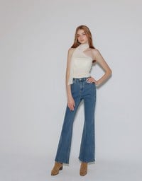 Classic High Waist Frayed Edge Flared Jeans Denim Pants
