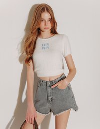 Raw Hem Jeans Denim Shorts with Back Logo Stitch Detail