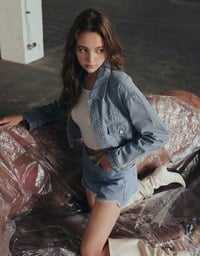 Raw Hem Jeans Denim Shorts with Back Logo Stitch Detail