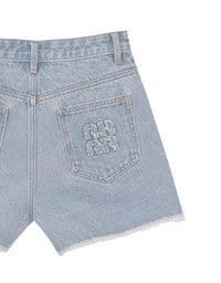 Raw Hem Jeans Denim Shorts with Back Logo Stitch Detail