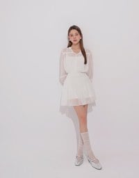 Sheer Chiffon Lace Trim Long Sleeve Mini Dress