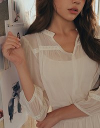 Sheer Chiffon Lace Trim Long Sleeve Mini Dress
