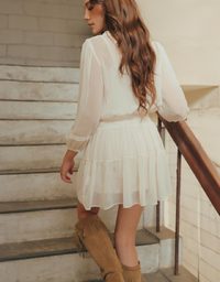 Sheer Chiffon Lace Trim Long Sleeve Mini Dress