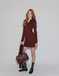 Fitted Ribbed Polo Neck Knit Mini Dress with AIR SPACE Logo Embroidery