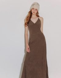 V Neck Halter Faux Suede Spaghetti Strap Cami Padded Maxi Dress