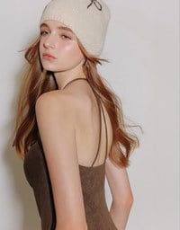 V Neck Halter Faux Suede Spaghetti Strap Cami Padded Maxi Dress