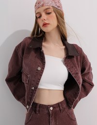 Raw Hem Crop Jeans Denim Jacket with Contrast Collar