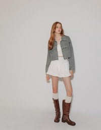 Raw Hem Crop Jeans Denim Jacket with Logo Stitch Detail