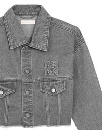 Raw Hem Crop Jeans Denim Jacket with Logo Stitch Detail