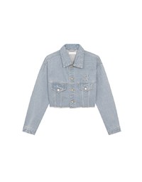 Raw Hem Crop Jeans Denim Jacket with Logo Stitch Detail