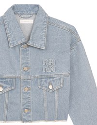 Raw Hem Crop Jeans Denim Jacket with Logo Stitch Detail