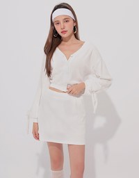 Lace Trim Drawstring Sleeve Cropped Cardigan and Elastic Waist A Line Mini Skirt Set Wear