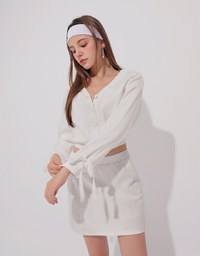 Lace Trim Drawstring Sleeve Cropped Cardigan and Elastic Waist A Line Mini Skirt Set Wear
