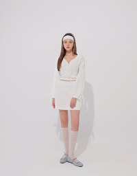 Lace Trim Drawstring Sleeve Cropped Cardigan and Elastic Waist A Line Mini Skirt Set Wear